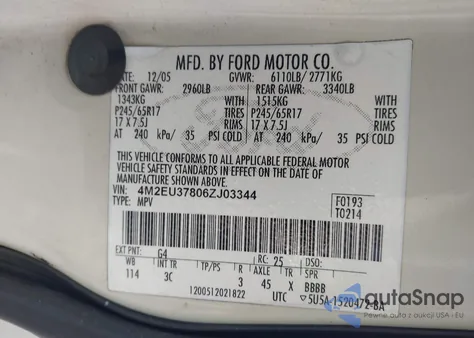 2006 Mercury Mountaineer Luxury из США, поврежденный, VIN 4M2EU37806ZJ03344